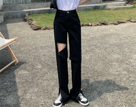 开叉破洞牛仔裤女夏宽松直筒2021新款高腰...