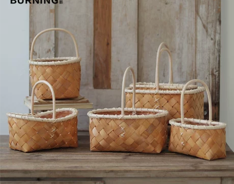 贝影 白边木条手提鲜花篮椭圆形原木色花篮收...