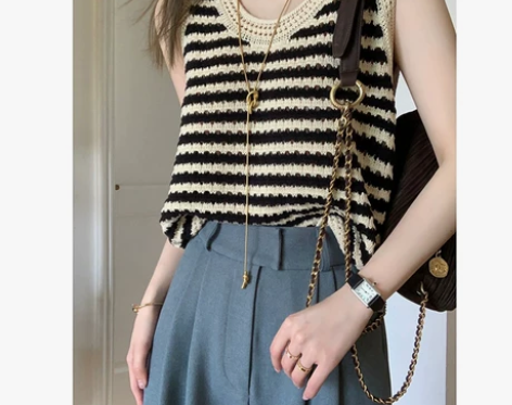 美式条纹镂空针织背心女夏季宽松外穿设计感小...