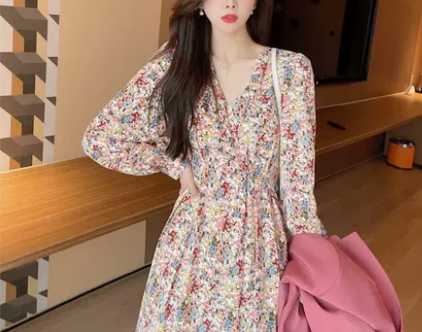 【莫奈花园油画裙】温柔V领法式碎花裙202...