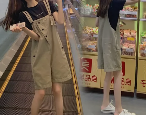 网红背带短裤女韩版宽松夏季薄款2021新款...