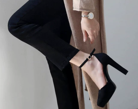 一字扣防水台高跟鞋粗跟春夏2022新款百搭...