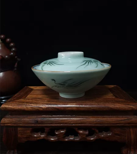 日本明治时期(晚清)濑户烧青华园制盖碗 外...