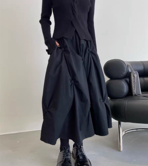 小众暗黑设计 松紧腰多褶皱工艺半身裙 大摆...