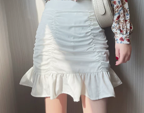 白色荷叶边褶皱半身裙鱼尾裙女2021春秋新...