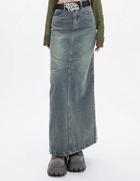 APEA美式复古质感褶皱中长款牛仔半身裙女...