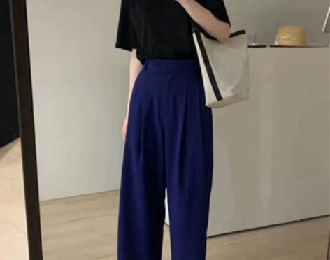 韩国货蓝色直筒休闲裤女宽松显瘦后松紧腰百搭...