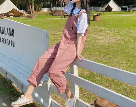 背带裤女韩版宽松春夏新款日系可爱减龄米白色...