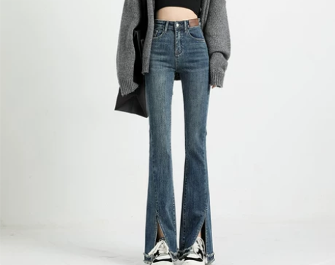 毛边开叉微喇叭牛仔裤女秋冬新款高腰紧身显瘦...