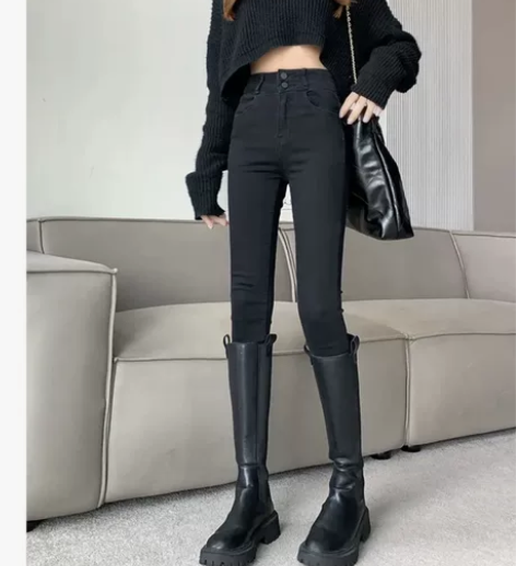 高腰女王显瘦黑色薄绒牛仔裤，到手后手贱就摘...