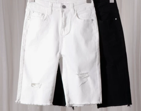 破洞五分裤紧身骑行牛仔裤女夏短裤直筒港味韩...