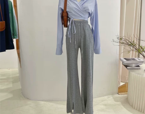 灰色前开叉微喇休闲裤女夏ins潮 高腰松紧...