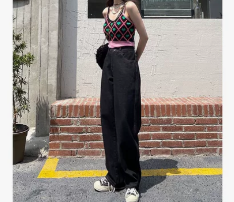 泫雅风复古牛仔裤女浅色宽松百搭直筒阔腿长裤...