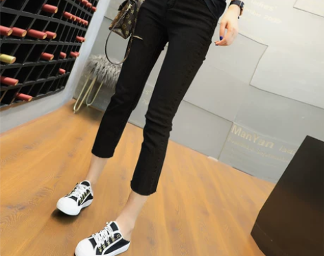 夏季薄款七分牛仔裤女大码胖mm破洞显瘦弹力...