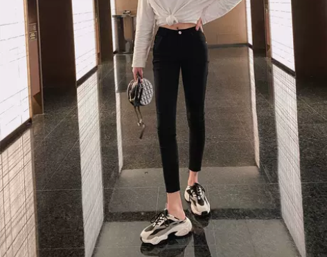 ins超火明星同款黑色九分弹力裤中高腰显瘦...