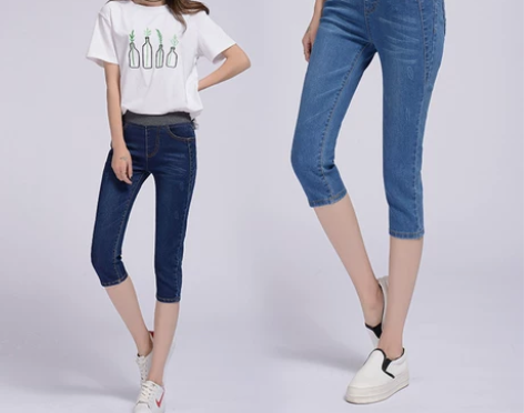 中腰七分牛仔裤女夏韩版松紧腰加肥加大码胖m...