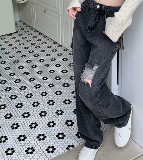 烟灰色破洞牛仔裤女高腰直筒秋季新款大码胖m...