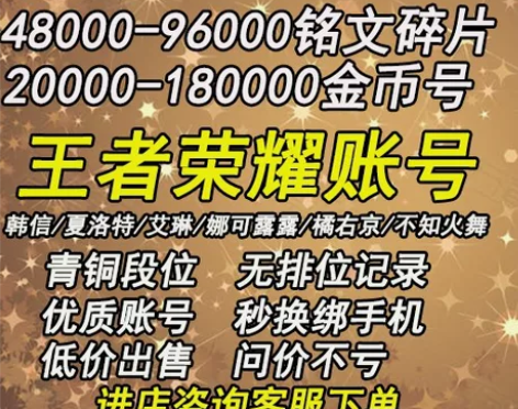王者荣耀安卓苹果q区开局号金币号4.8万铭...