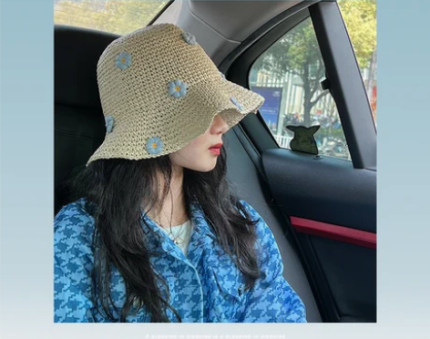 甜美可爱蓝色小花草帽女大檐海边遮阳夏天沙滩...
