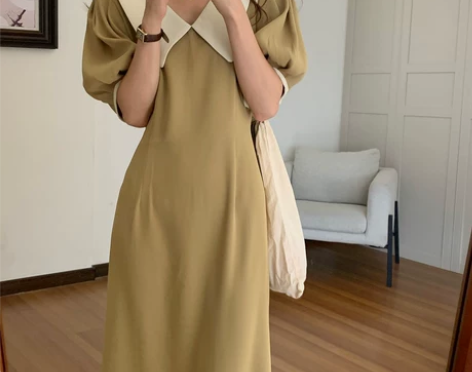 韩国chic夏季气质复古法式赫本风撞色翻领...