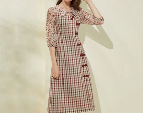 晴碧琳格子连衣裙女秋装2020新款气质复古...