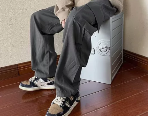 灰色工装裤男秋季新款潮牌大口袋宽松阔腿束脚...