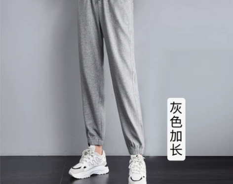 灰色束脚宽松加绒加长休闲运动裤女高个子直筒...