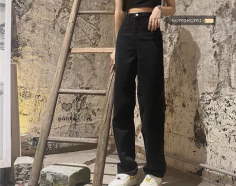 kumikumi宽松黑色牛仔裤早春直筒裤拖...