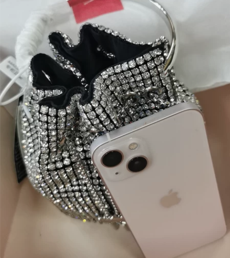 钻石小水桶包,福袋,很闪,金属银色手柄,很...