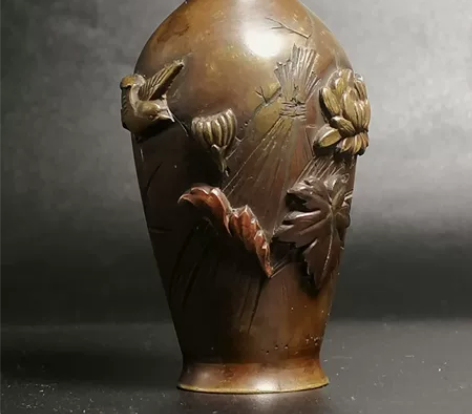 日本金工 高肉镶嵌 局部鎏金 雕铜香瓶 花...