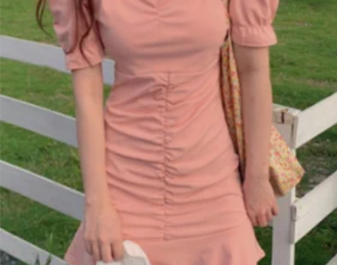 法式方林性感气质泡泡袖褶皱包臀裙子轻熟风修...