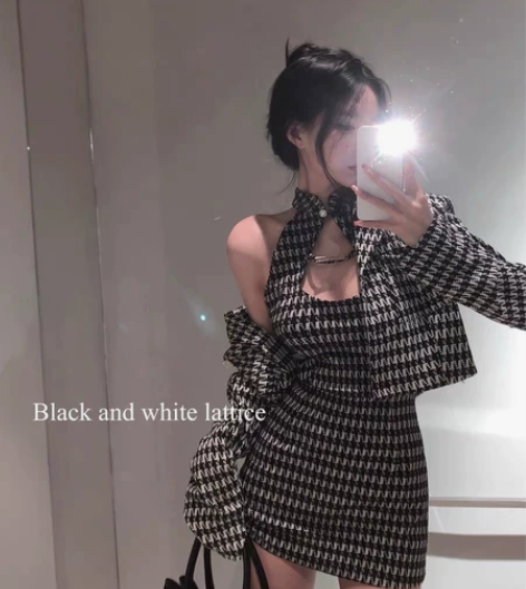 千鸟格旗袍连衣裙女辣妹性感包臀裙子2022...