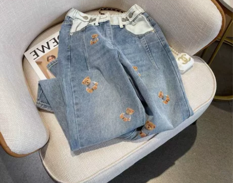 日系复古拼接高腰牛仔裤 小熊图案 直筒牛仔...