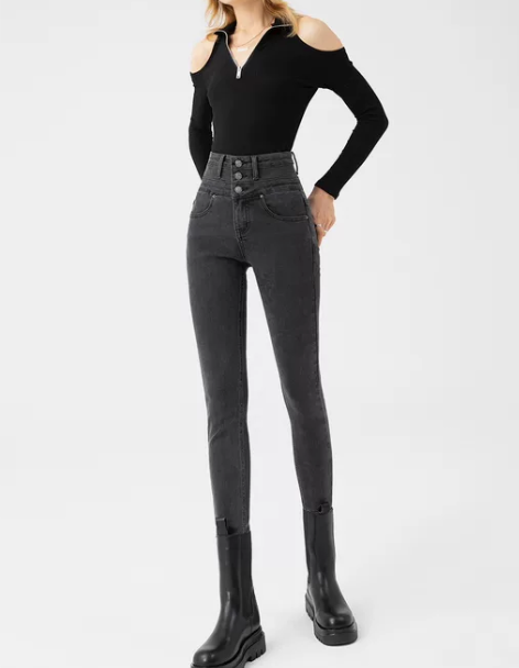 高腰牛仔裤 高腰牛仔裤小脚裤烟灰色加薄绒女...