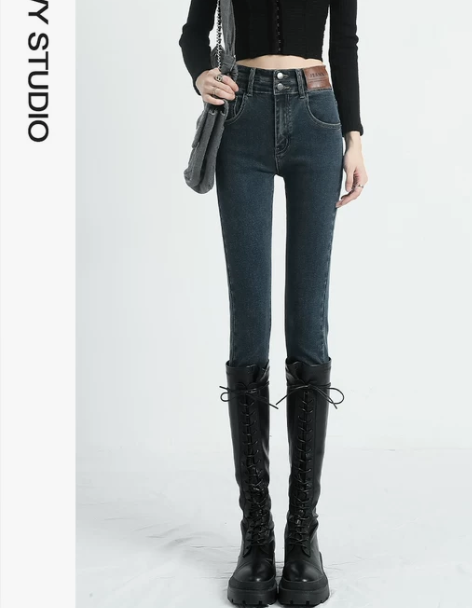 小脚牛仔裤女高腰2022年新款秋冬加绒提