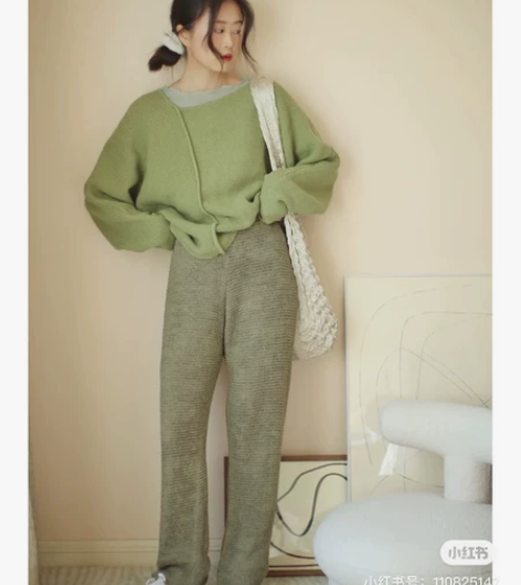 针织褶皱宽松阔腿裤女 春夏高腰时尚休闲裤 ...