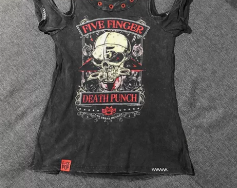 女款露肩圆领短袖T恤摇滚骷髅做旧水洗恶魔印...