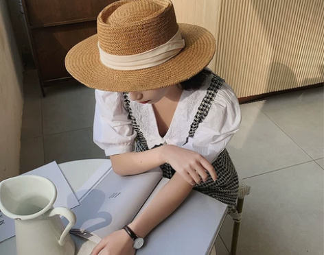 草帽女日系小清新防晒沙滩平檐帽子韩版潮名媛...