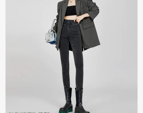 牛仔裤女 牛仔裤女裤烟灰色加绒紧身高腰女2...