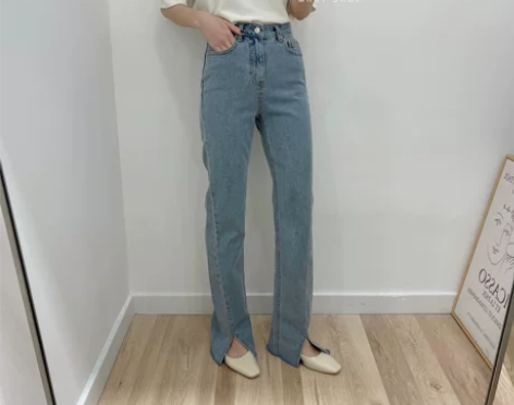 韩国东大门正品 高品质高腰灰蓝色直筒开叉牛...