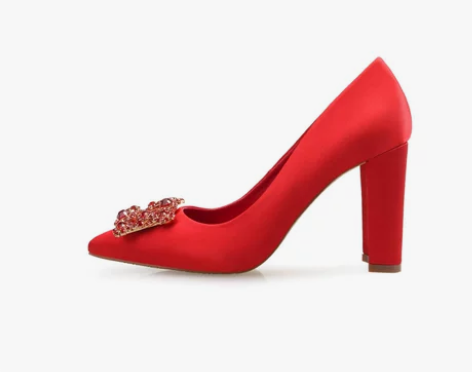 ?秀禾结婚鞋女红色高跟鞋水钻方扣浅口单鞋粗...