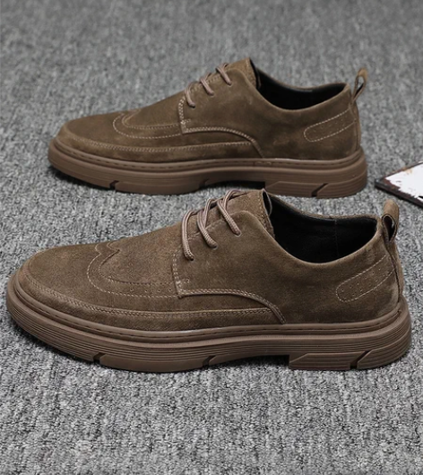 潮男休闲皮鞋冬季鞋子英伦布洛克男鞋磨砂翻毛...