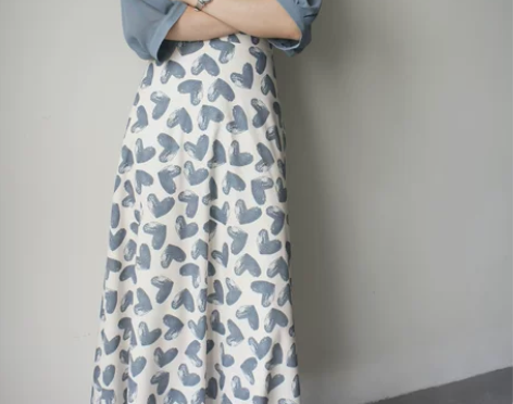 高腰半裙夏爱心蓝色半身裙夏季a字裙中长款女...