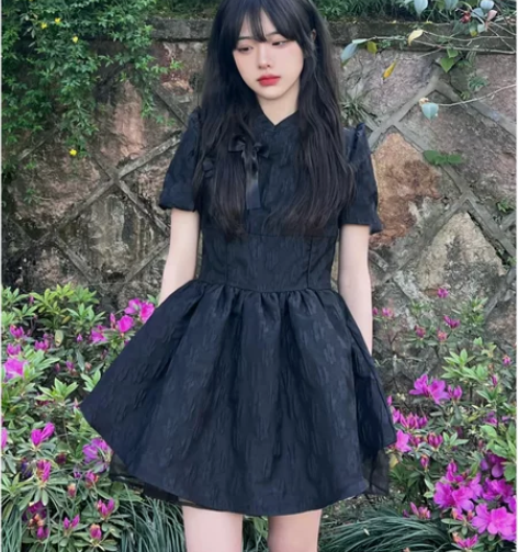 泡泡袖新中式连衣裙夏季设计感小众高级感黑色...