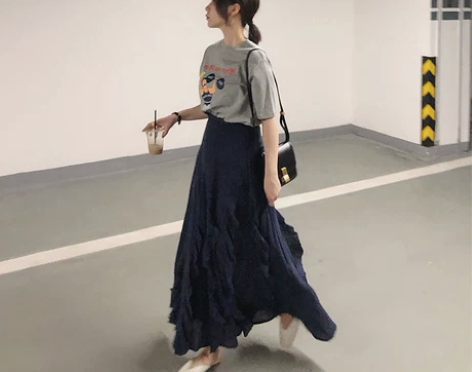 藏青色设计感小众赫本风a字半身裙女夏季中长...