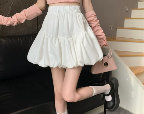 ?褶皱蓬蓬裙花苞裙白色短裙女夏季设计感小众...