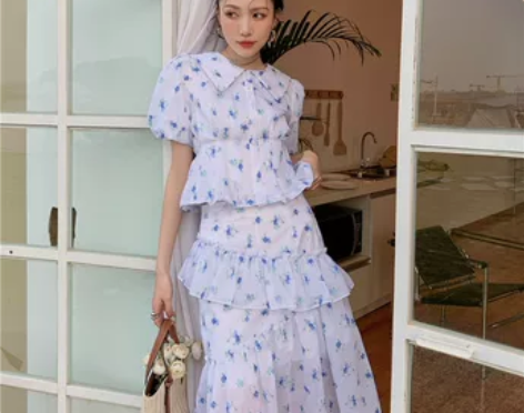 法式复古泡泡袖田园风蓝色小碎花泡半裙套装 ...