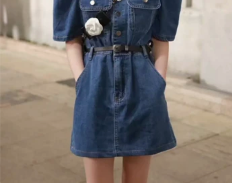 复古短袖牛仔连衣裙女夏中长款收腰显瘦港风c...