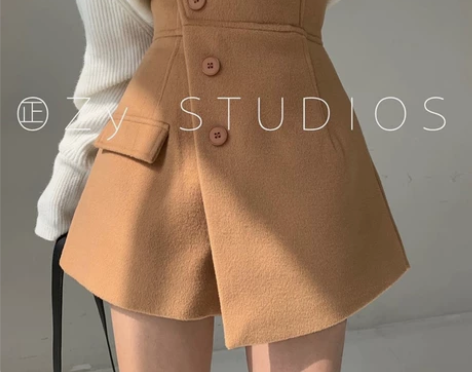 设计感不规则高腰假两件纽扣开叉裙裤女秋冬新...