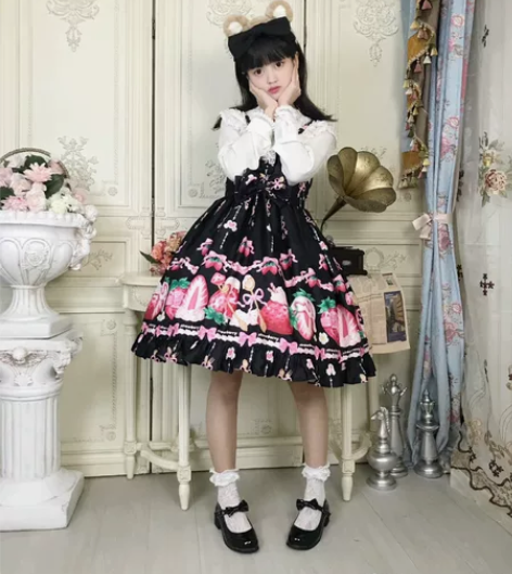 少女熊下午茶草莓lolita黑色m码送手作...